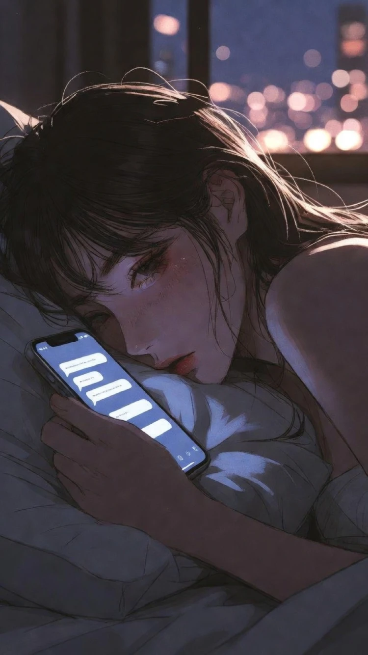 침대에서 휴대폰을 보는 사람